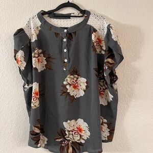 Gray Floral Blouse with White Accents